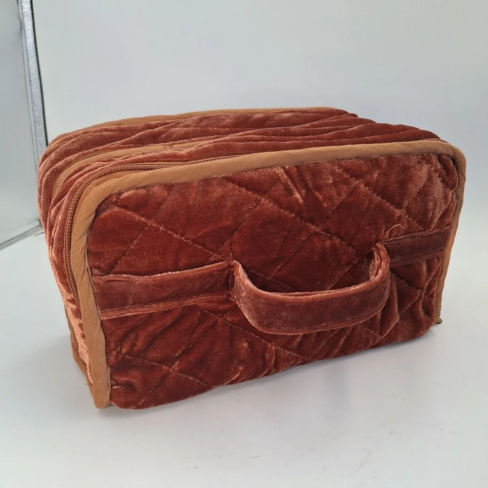 Vtg Toni Terracotta Rust Quilted Velvet Cosmetic Bag Makeup Train Case Ring Roll